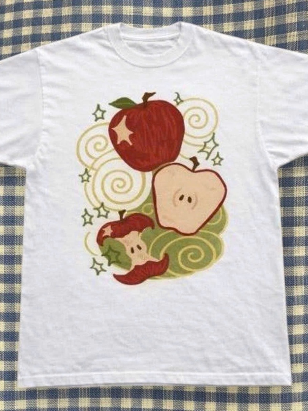 Gildan White Tee with Red Apple Graphic and Green Accents